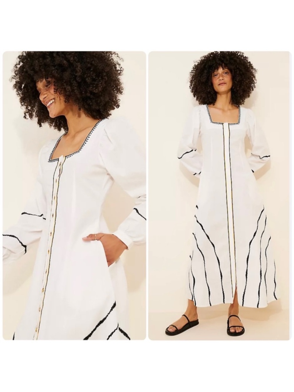 Anthro Made in Studio Pisano Embroidered Linen Maxi Dress with Black Trim